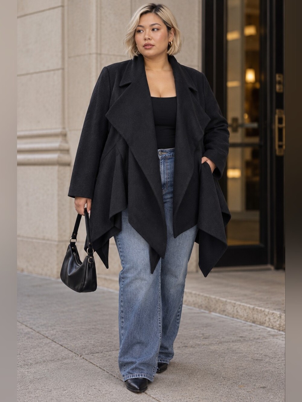 Zara Woman Black 100% Wool Waterfall Draped Cape Coat Asymmetrical Jacket L